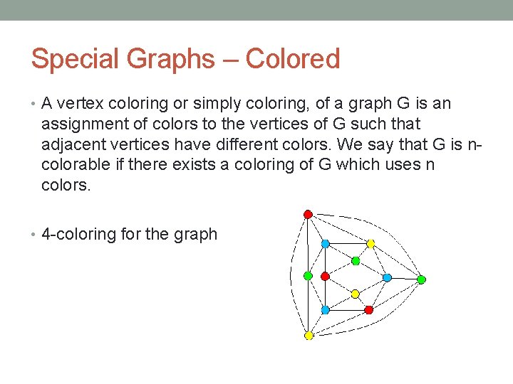 Special Graphs – Colored • A vertex coloring or simply coloring, of a graph