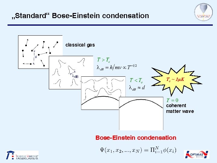„Standard“ Bose-Einstein condensation classical gas Tc ~ 1µK coherent matter wave Bose-Einstein condensation 
