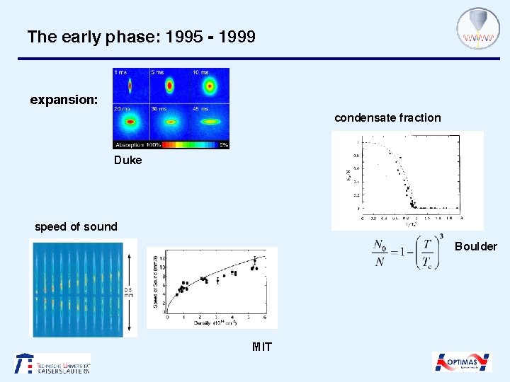 The early phase: 1995 - 1999 expansion: condensate fraction Duke speed of sound Boulder