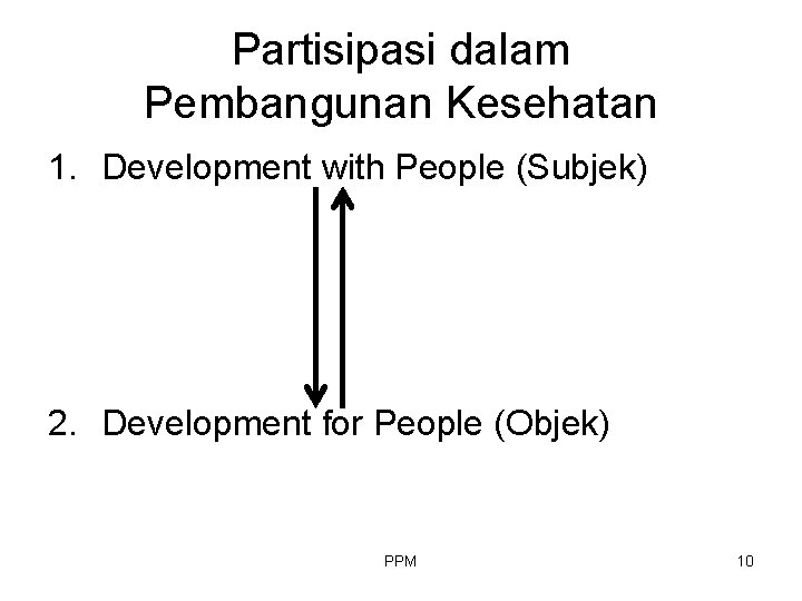 Partisipasi dalam Pembangunan Kesehatan 1. Development with People (Subjek) 2. Development for People (Objek)