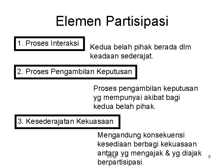 Elemen Partisipasi 1. Proses Interaksi Kedua belah pihak berada dlm keadaan sederajat. 2. Proses