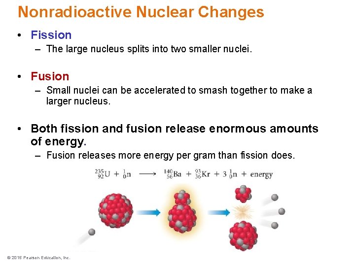 Nonradioactive Nuclear Changes • Fission – The large nucleus splits into two smaller nuclei.