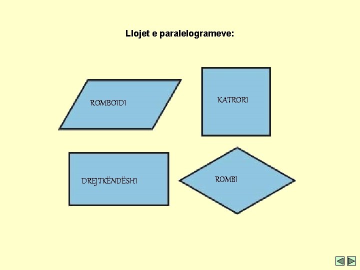 Llojet e paralelogrameve: ROMBOIDI DREJTKËNDËSHI KATRORI ROMBI Llojet e paralelogrameve: ROMBOIDI DREJTKËNDËSHI KATRORI ROMBI