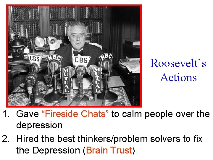 Roosevelt’s Actions 1. Gave “Fireside Chats” to calm people over the depression 2. Hired