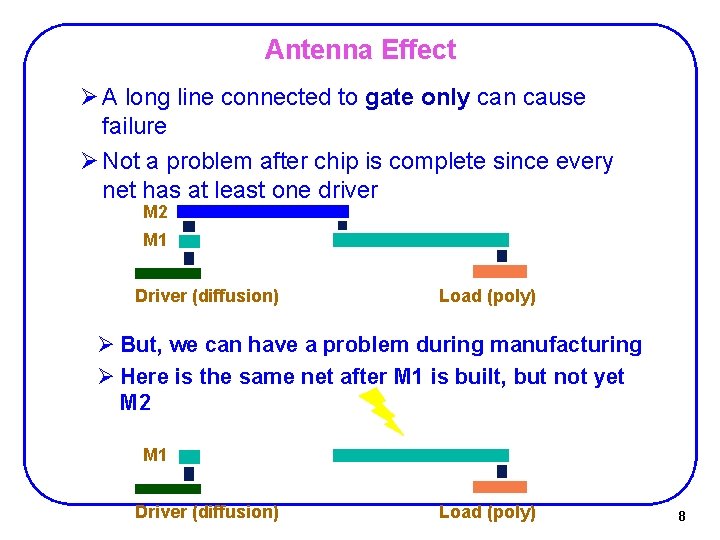 Antenna Effect Ø A long line connected to gate only can cause failure Ø Antenna Effect Ø A long line connected to gate only can cause failure Ø