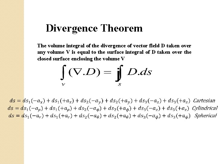 Divergence Theorem The volume integral of the divergence of vector field D taken over