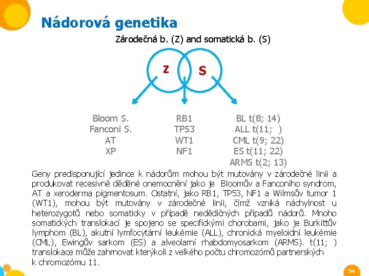 Nádorová genetika Zárodečná b. (Z) and somatická b. (S) S Z Bloom S. Fanconi