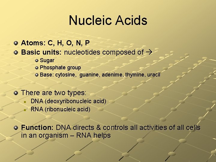 Nucleic Acids Atoms: C, H, O, N, P Basic units: nucleotides composed of Sugar