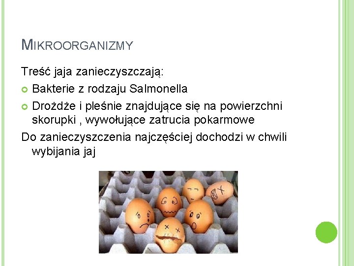 MIKROORGANIZMY Treść jaja zanieczyszczają: Bakterie z rodzaju Salmonella Drożdże i pleśnie znajdujące się na