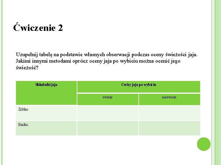 Ćwiczenie 2 Uzupełnij tabelę na podstawie własnych obserwacji podczas oceny świeżości jaja. Jakimi innymi