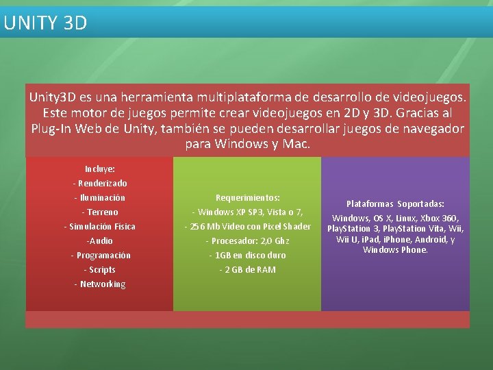 UNITY 3 D Unity 3 D es una herramienta multiplataforma de desarrollo de videojuegos.
