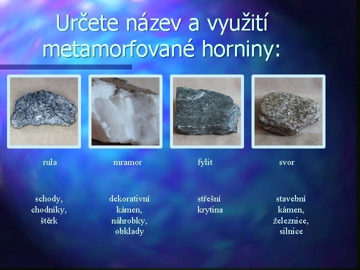 Určete název a využití metamorfované horniny: rula mramor schody, chodníky, štěrk dekorativní kámen, náhrobky,