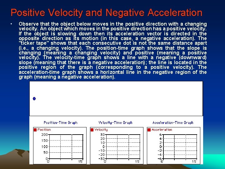 Positive Velocity and Negative Acceleration • Observe that the object below moves in the