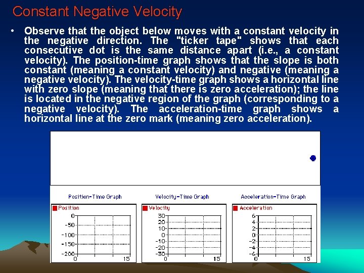 Constant Negative Velocity • Observe that the object below moves with a constant velocity