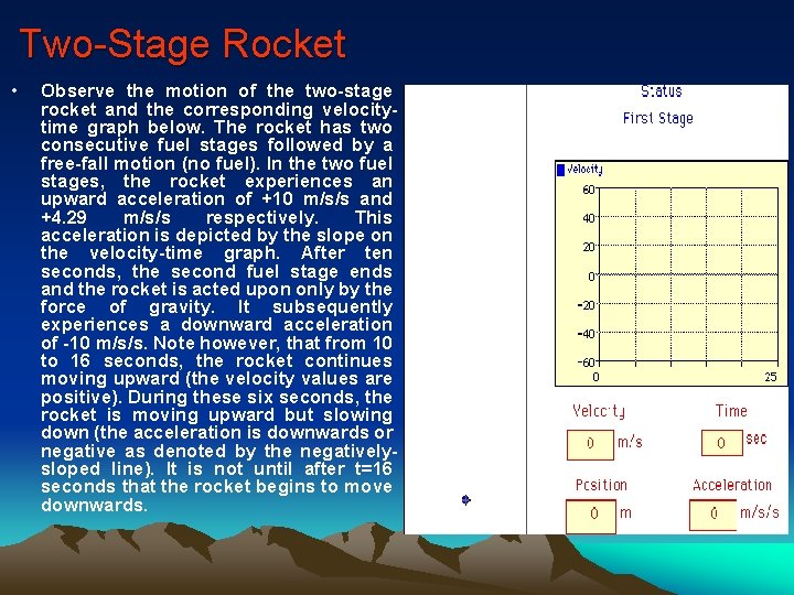 Two-Stage Rocket • Observe the motion of the two-stage rocket and the corresponding velocitytime