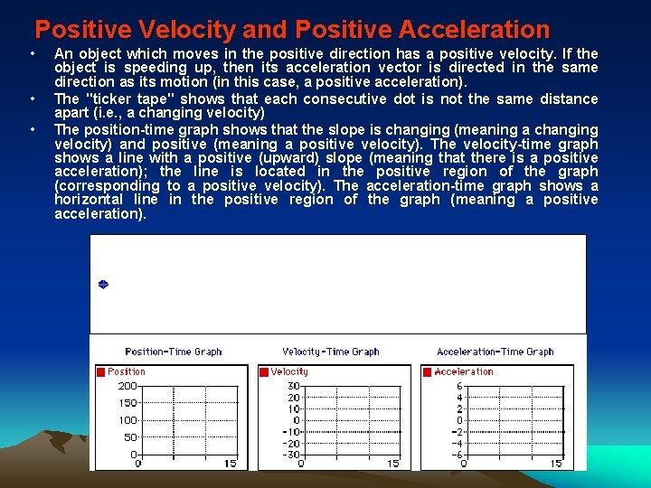 Positive Velocity and Positive Acceleration • • • An object which moves in the