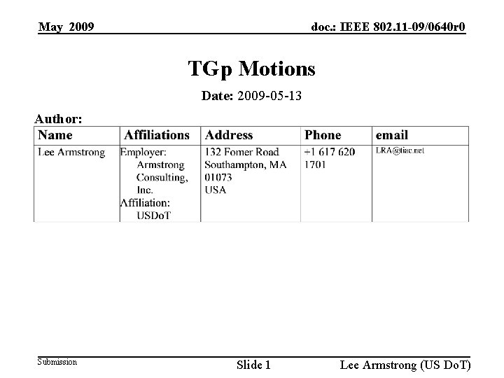 May 2009 doc. : IEEE 802. 11 -09/0640 r 0 TGp Motions Date: 2009