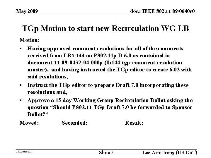 May 2009 doc. : IEEE 802. 11 -09/0640 r 0 TGp Motion to start