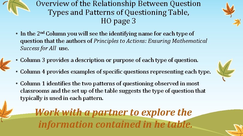 Overview of the Relationship Between Question Types and Patterns of Questioning Table, HO page