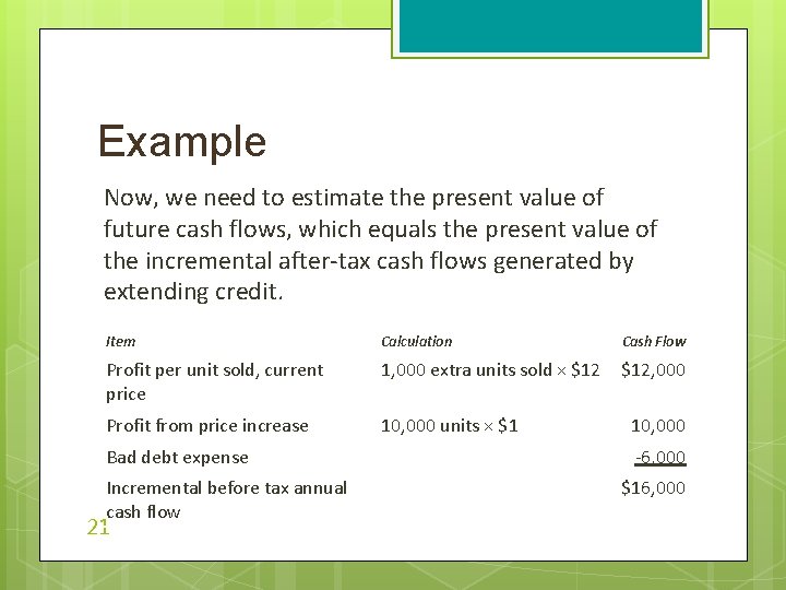 Example Now, we need to estimate the present value of future cash flows, which