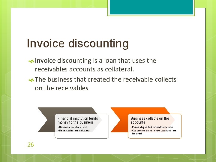 Invoice discounting is a loan that uses the receivables accounts as collateral. The business