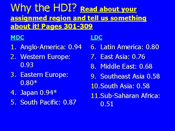 Why the HDI? Read about your assignmed region and tell us something about it! Why the HDI? Read about your assignmed region and tell us something about it!