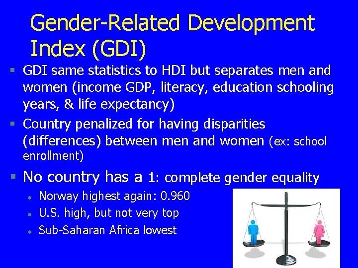 Gender-Related Development Index (GDI) § GDI same statistics to HDI but separates men and Gender-Related Development Index (GDI) § GDI same statistics to HDI but separates men and