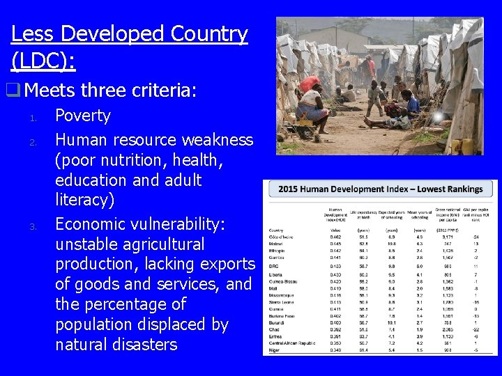 Less Developed Country (LDC): q Meets three criteria: 1. 2. 3. Poverty Human resource Less Developed Country (LDC): q Meets three criteria: 1. 2. 3. Poverty Human resource