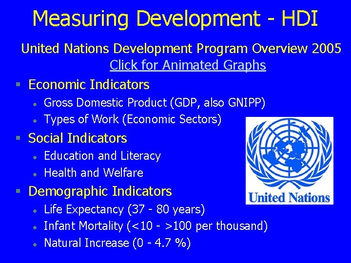 Measuring Development - HDI United Nations Development Program Overview 2005 Click for Animated Graphs Measuring Development - HDI United Nations Development Program Overview 2005 Click for Animated Graphs