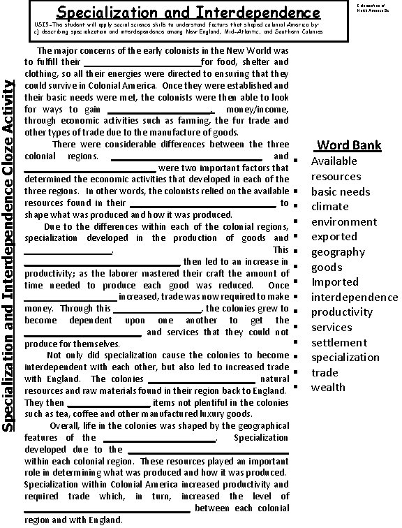 Specialization and Interdependence Cloze Activity Specialization and Interdependence Colonization of North America 5 c