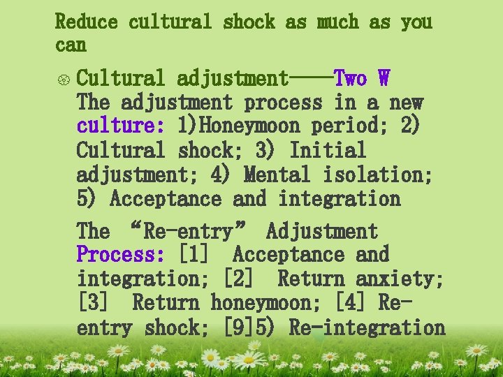 Reduce cultural shock as much as you can { Cultural adjustment----Two W The adjustment