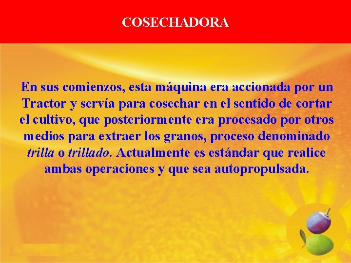 COSECHADORA En sus comienzos, esta máquina era accionada por un Tractor y servía para