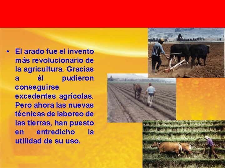  • El arado fue el invento más revolucionario de la agricultura. Gracias a