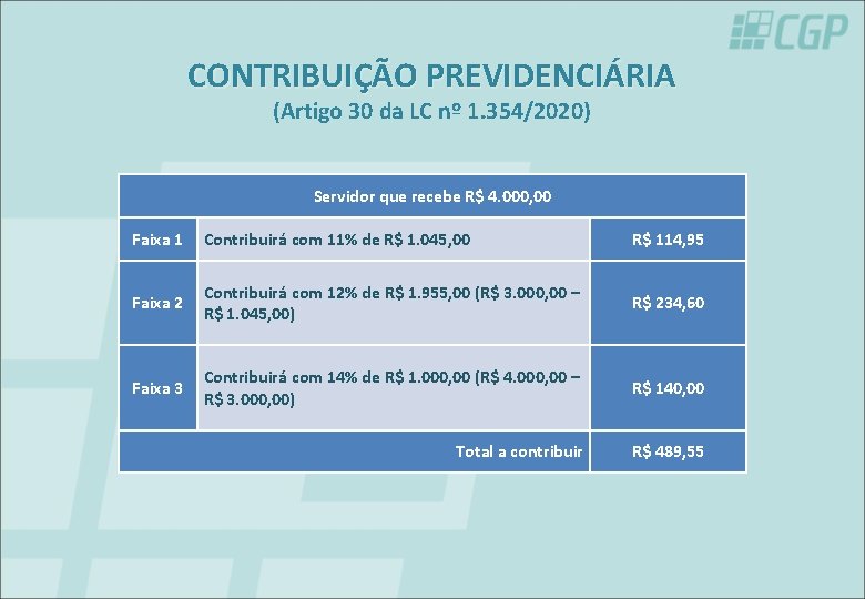 CONTRIBUIÇÃO PREVIDENCIÁRIA (Artigo 30 da LC nº 1. 354/2020) Servidor que recebe R$ 4.