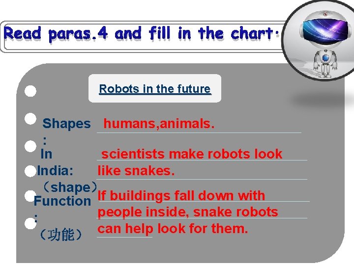 Read paras. 4 and fill in the chart. Robots in the future Shapes humans,