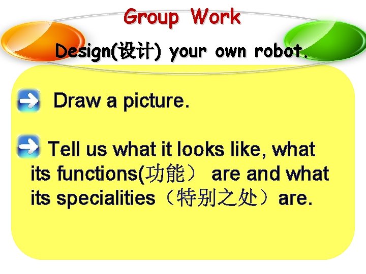 Group Work Design(设计) your own robot. Draw a picture. Tell us what it looks