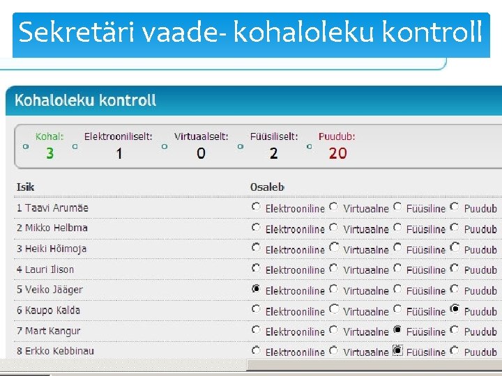 Sekretäri vaade- kohaloleku kontroll 