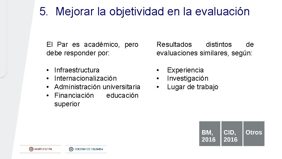 5. Mejorar la objetividad en la evaluación El Par es académico, pero debe responder