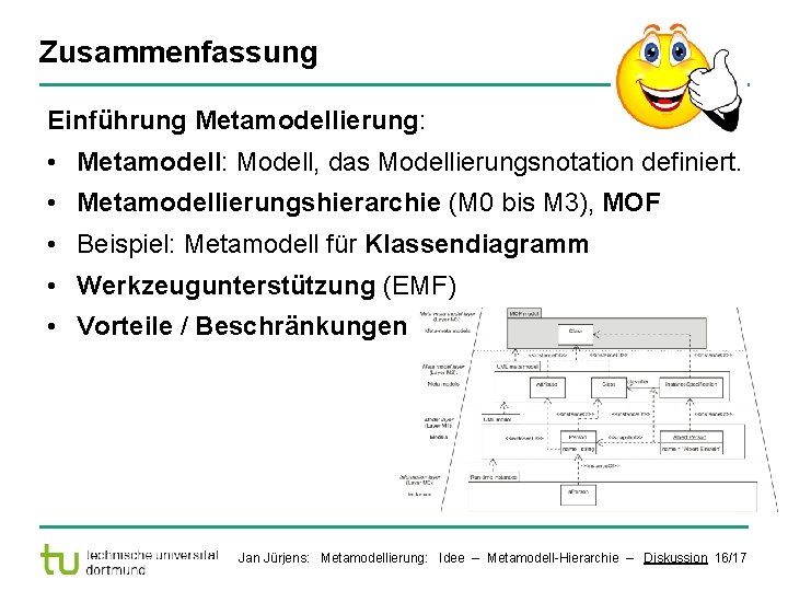 Zusammenfassung Einführung Metamodellierung: • Metamodell: Modell, das Modellierungsnotation definiert. • Metamodellierungshierarchie (M 0 bis