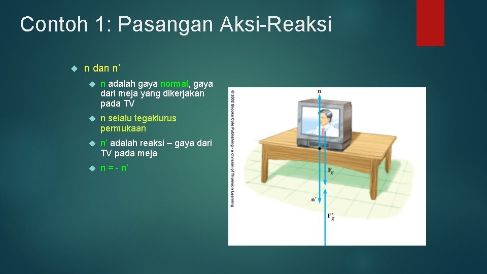 Contoh 1: Pasangan Aksi-Reaksi n dan n’ n adalah gaya normal, gaya dari meja