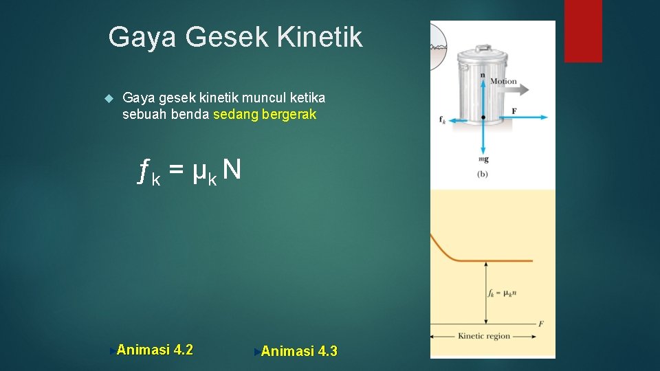 Gaya Gesek Kinetik Gaya gesek kinetik muncul ketika sebuah benda sedang bergerak ƒk =