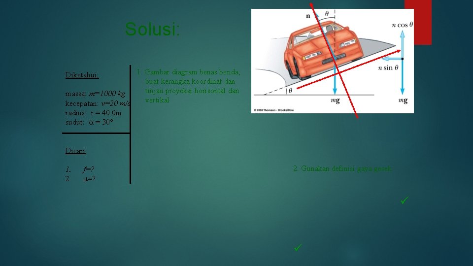 Solusi: 1. Gambar diagram benas benda, buat kerangka koordinat dan tinjau proyeksi horisontal dan