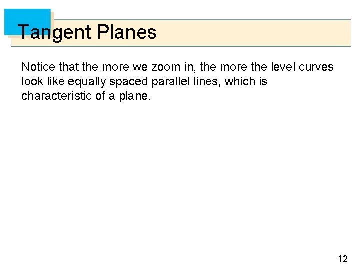 Tangent Planes Notice that the more we zoom in, the more the level curves