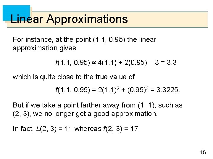 Linear Approximations For instance, at the point (1. 1, 0. 95) the linear approximation