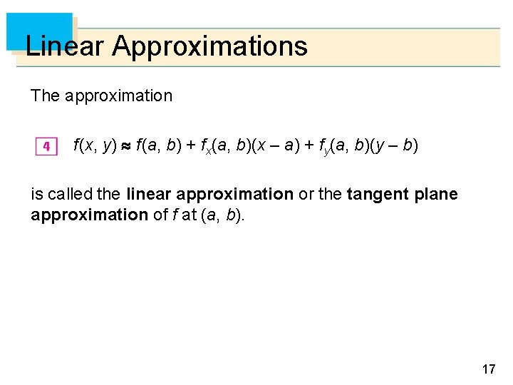 Linear Approximations The approximation f (x, y) f (a, b) + fx(a, b)(x –