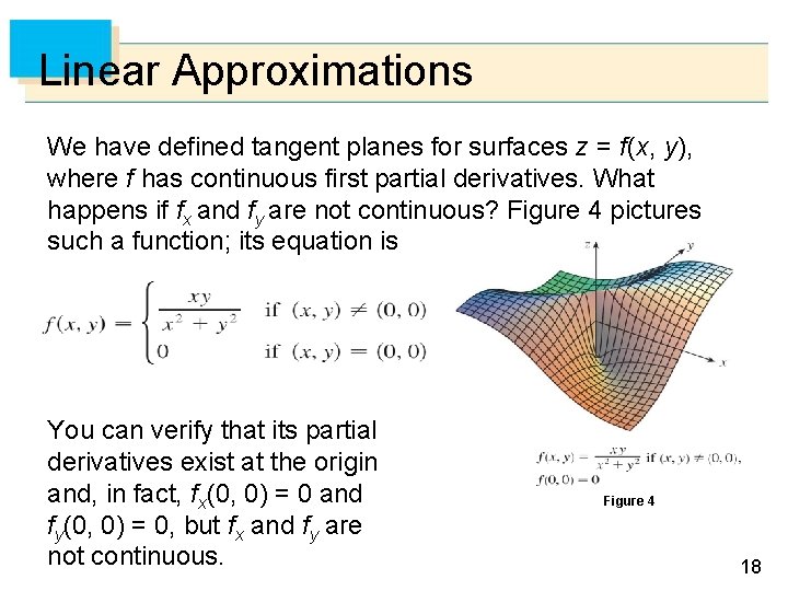 Linear Approximations We have defined tangent planes for surfaces z = f (x, y),