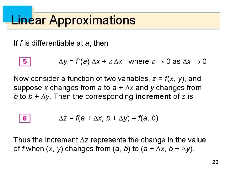 Linear Approximations If f is differentiable at a, then y = f (a) x