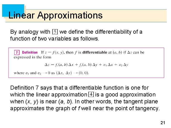 Linear Approximations By analogy with we define the differentiability of a function of two