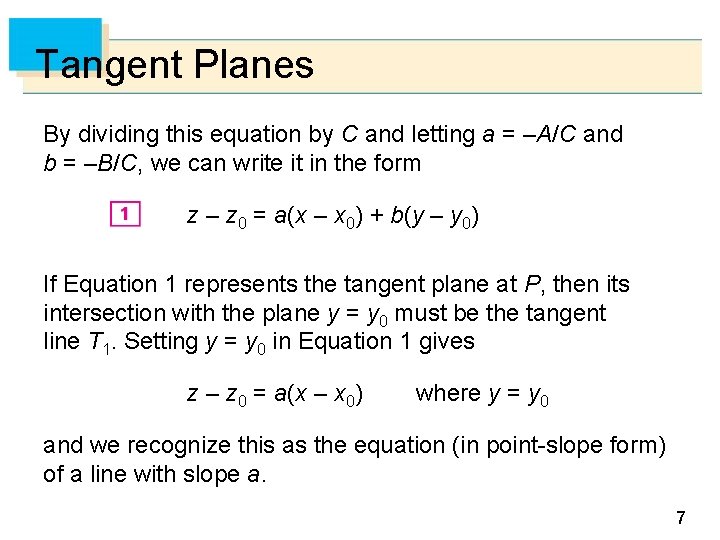 Tangent Planes By dividing this equation by C and letting a = –A/C and