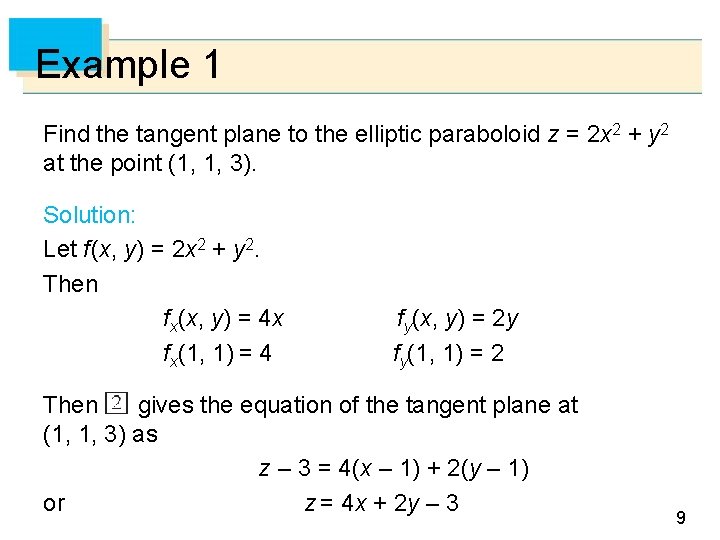 Example 1 Find the tangent plane to the elliptic paraboloid z = 2 x